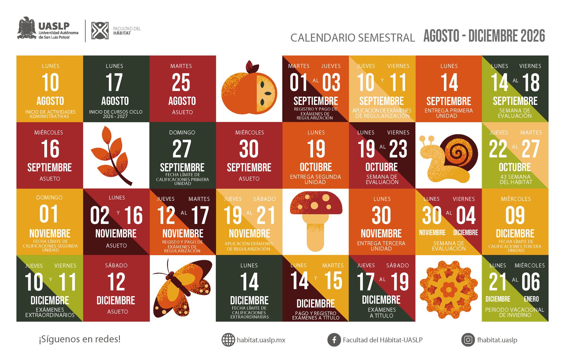 Calendario semestral agosto-diciembre 2026 de la Facultad del Hábitat